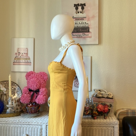 Reformation Nikita ruffled midi dress w/bow tie straps in mustard color size 2 - Picture 6 of 12
